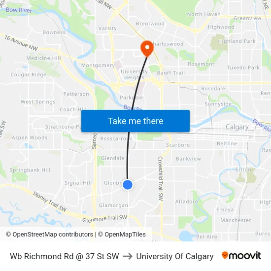 Wb Richmond Rd @ 37 St SW to University Of Calgary map