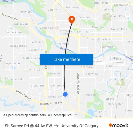 Sb Sarcee Rd @ 44 Av SW to University Of Calgary map