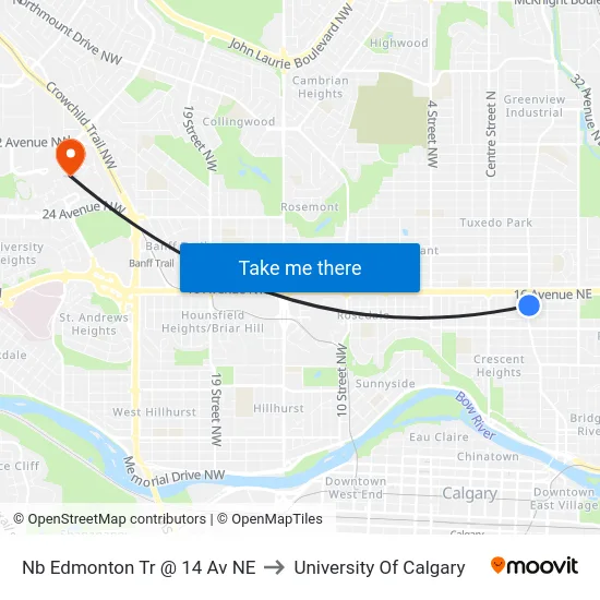 Nb Edmonton Tr @ 14 Av NE to University Of Calgary map
