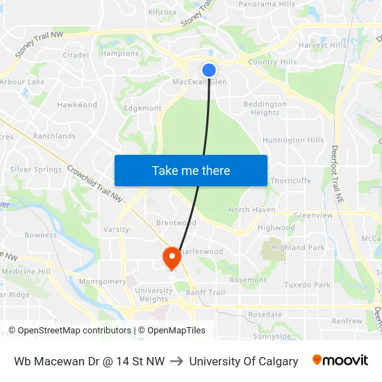 Wb Macewan Dr @ 14 St NW to University Of Calgary map