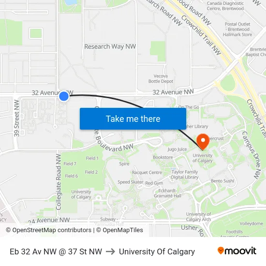 Eb 32 Av NW @ 37 St NW to University Of Calgary map