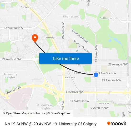 Nb 19 St NW @ 20 Av NW to University Of Calgary map