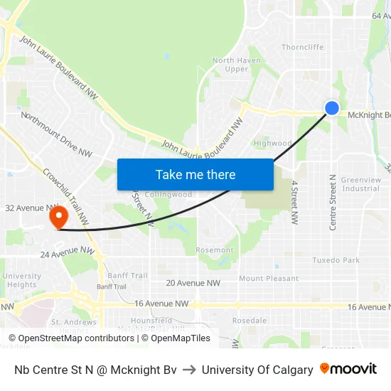 Nb Centre St N @ Mcknight Bv to University Of Calgary map
