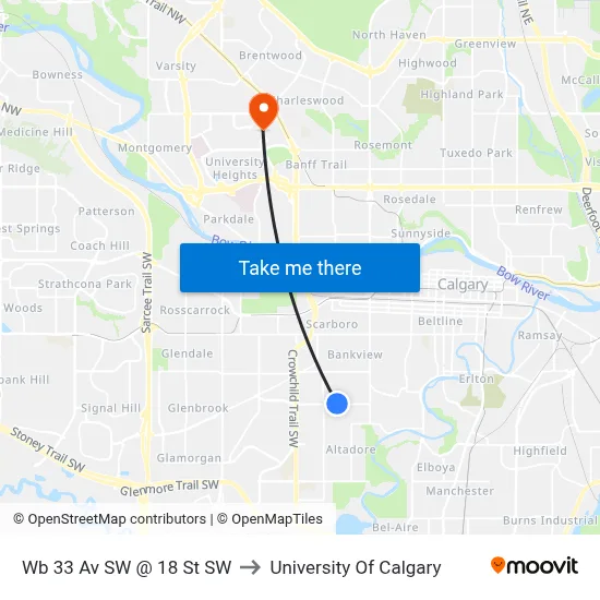 Wb 33 Av SW @ 18 St SW to University Of Calgary map