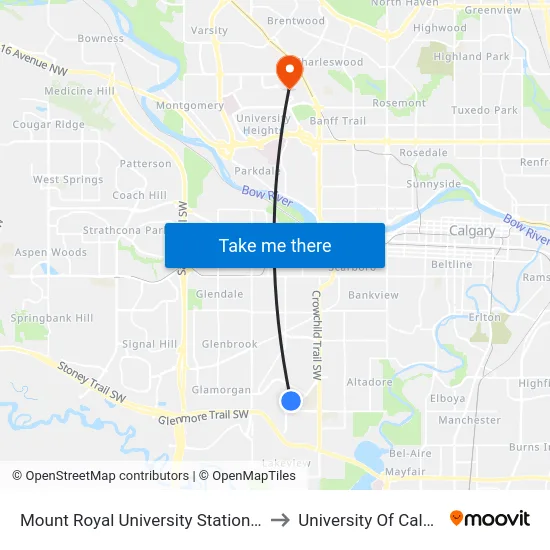 Mount Royal University Station (Sb) to University Of Calgary map