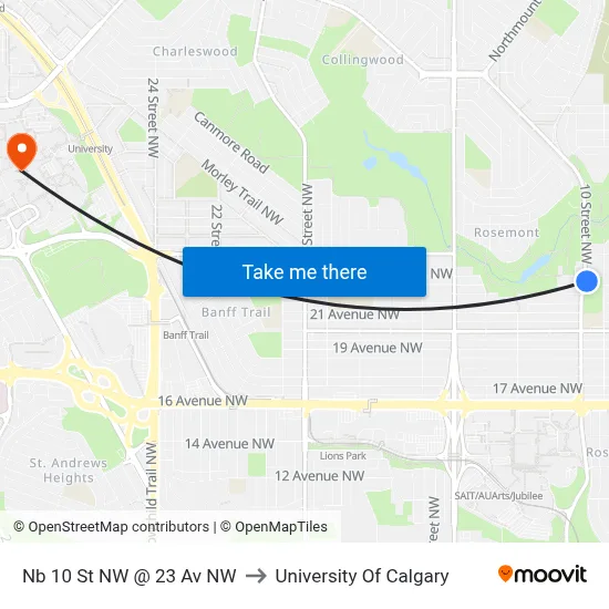 Nb 10 St NW @ 23 Av NW to University Of Calgary map