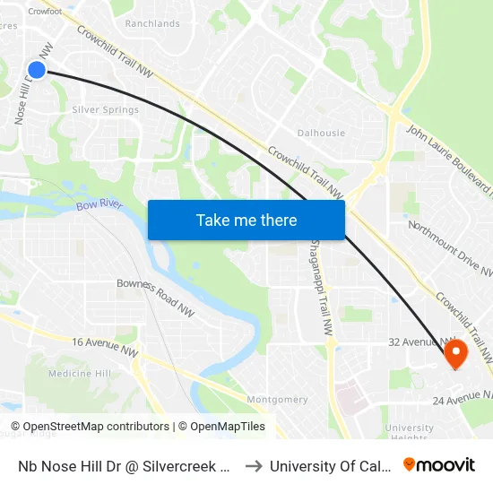 Nb Nose Hill Dr @ Silvercreek Dr NW to University Of Calgary map
