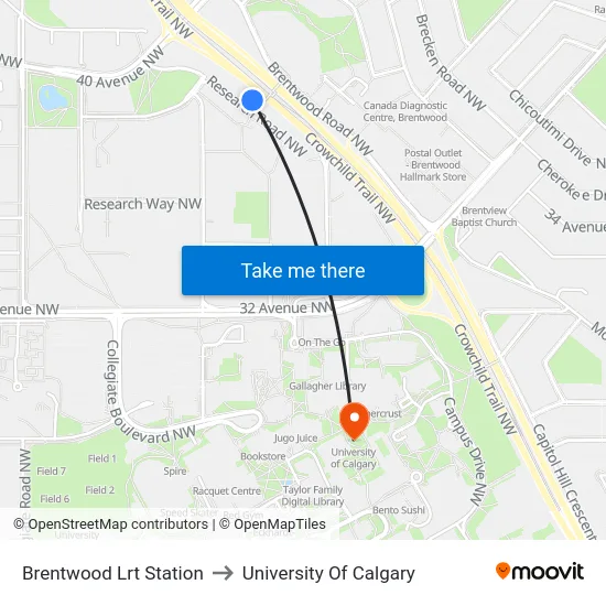 Brentwood Lrt Station to University Of Calgary map