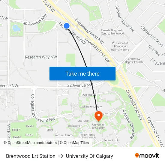 Brentwood Lrt Station to University Of Calgary map