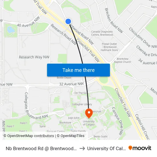 Nb Brentwood Rd @ Brentwood Co-Op to University Of Calgary map