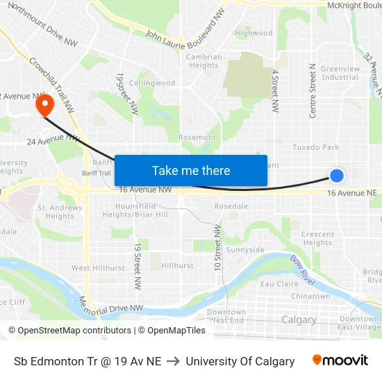 Sb Edmonton Tr @ 19 Av NE to University Of Calgary map