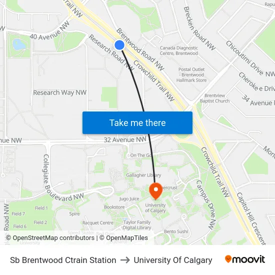 Sb Brentwood Ctrain Station to University Of Calgary map