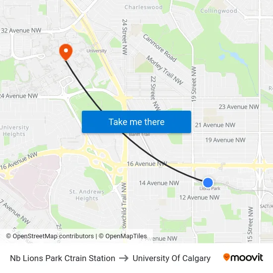 Nb Lions Park Ctrain Station to University Of Calgary map