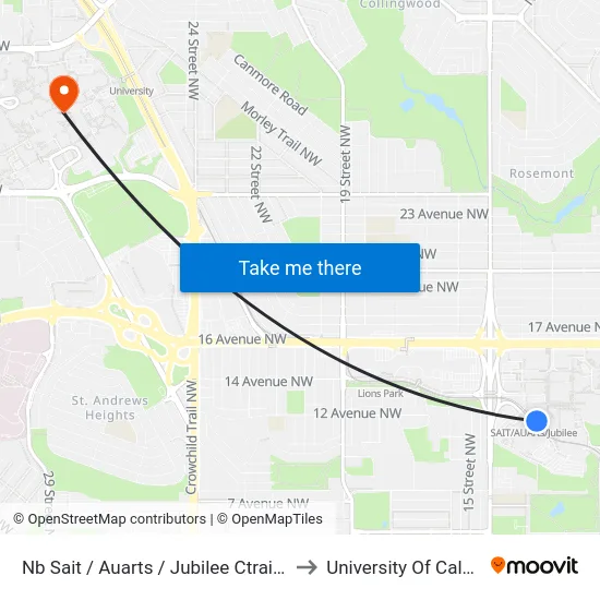 Nb Sait / Auarts / Jubilee Ctrain Stn to University Of Calgary map