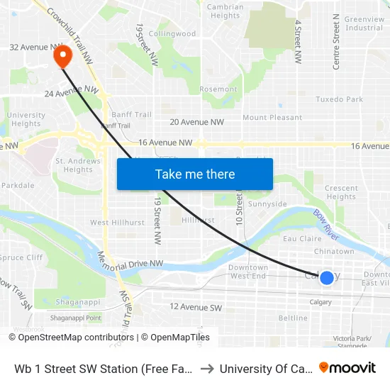 Wb 1 Street SW Station (Free Fare Zone) to University Of Calgary map