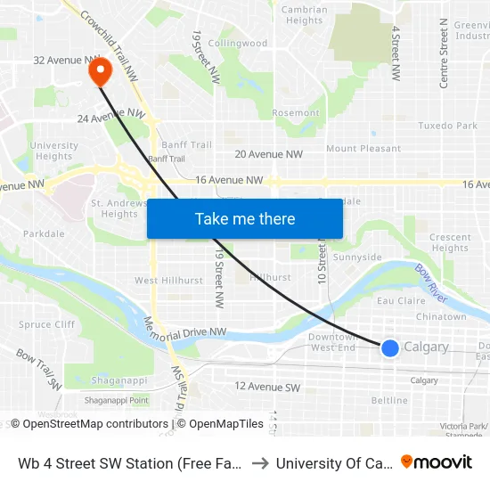 Wb 4 Street SW Station (Free Fare Zone) to University Of Calgary map