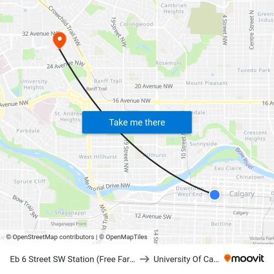 Eb 6 Street SW Station (Free Fare Zone) to University Of Calgary map