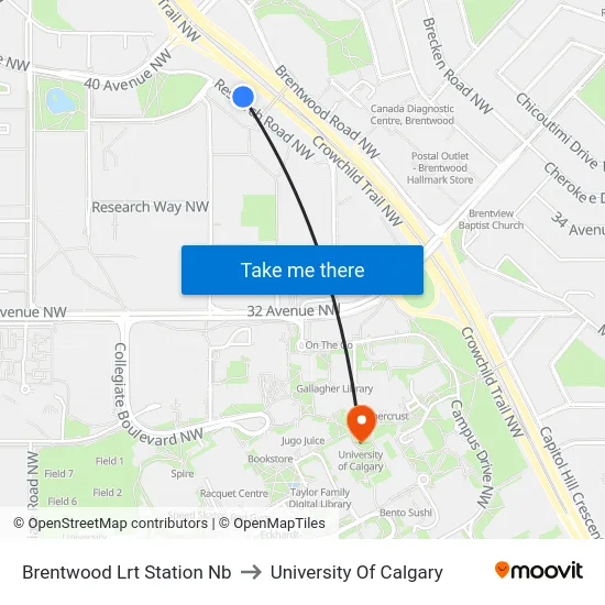 Brentwood Lrt Station Nb to University Of Calgary map