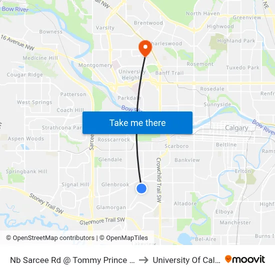 Nb Sarcee Rd @ Tommy Prince Rd SW to University Of Calgary map