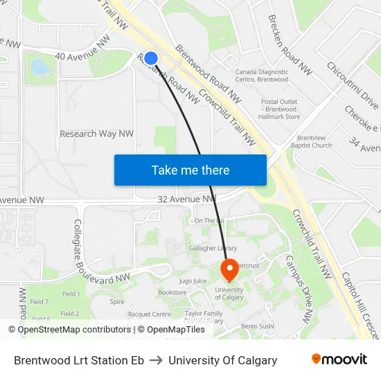 Brentwood Lrt Station Eb to University Of Calgary map