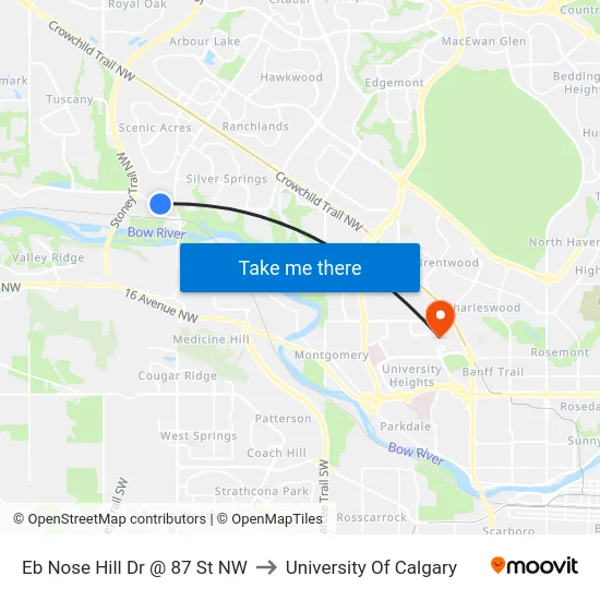 Eb Nose Hill Dr @ 87 St NW to University Of Calgary map