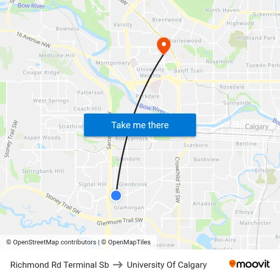Richmond Rd Terminal Sb to University Of Calgary map