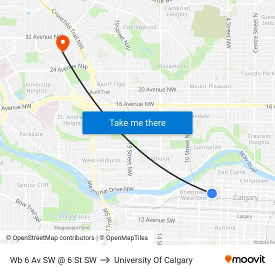 Wb 6 Av SW @ 6 St SW to University Of Calgary map