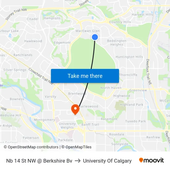 Nb 14 St NW @ Berkshire Bv to University Of Calgary map