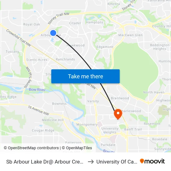 Sb Arbour Lake Dr@ Arbour Crest Dr NW to University Of Calgary map