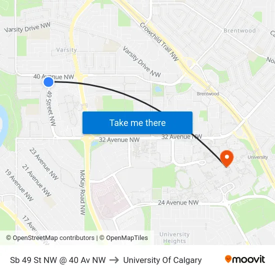 Sb 49 St NW @ 40 Av NW to University Of Calgary map