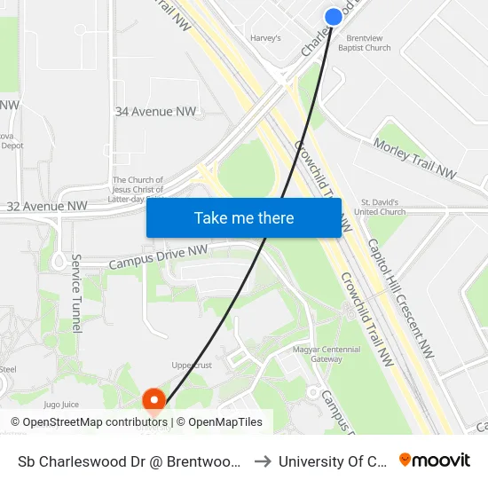 Sb Charleswood Dr @ Brentwood Mall NW to University Of Calgary map