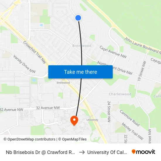 Nb Brisebois Dr @ Crawford Rd NW to University Of Calgary map
