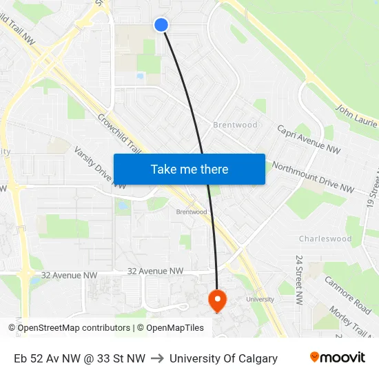 Eb 52 Av NW @ 33 St NW to University Of Calgary map