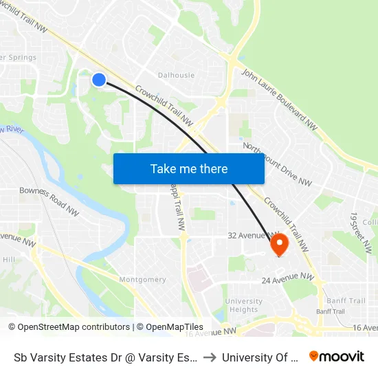Sb Varsity Estates Dr @ Varsity Estates Vw NW to University Of Calgary map