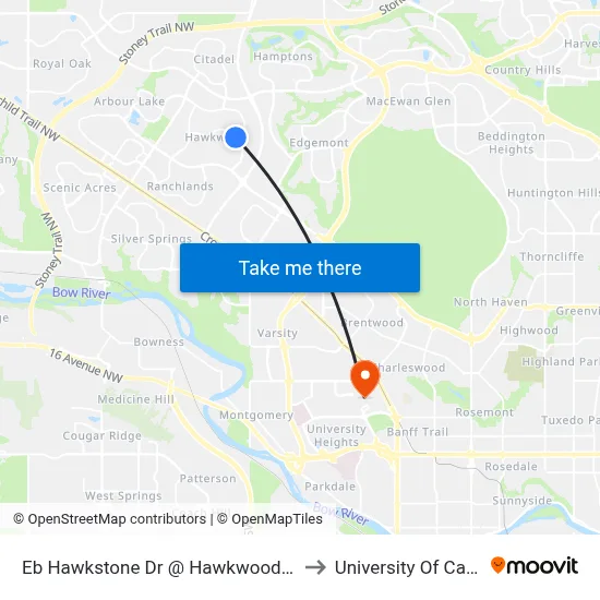 Eb Hawkstone Dr @ Hawkwood Bv NW to University Of Calgary map
