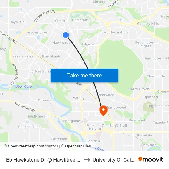 Eb Hawkstone Dr @ Hawktree Cl NW to University Of Calgary map