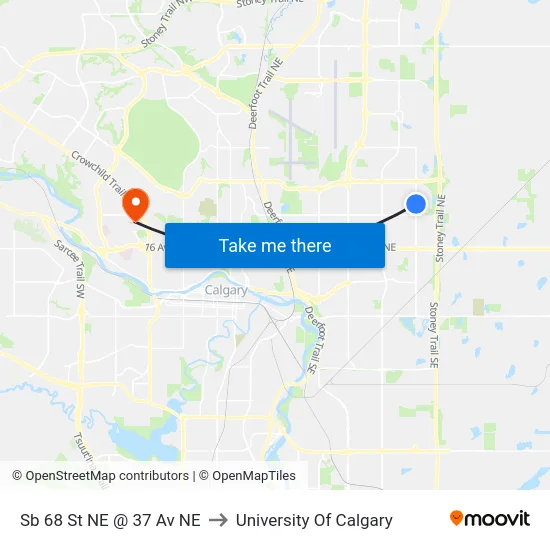 Sb 68 St NE @ 37 Av NE to University Of Calgary map