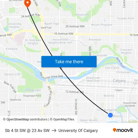 Sb 4 St SW @ 23 Av SW to University Of Calgary map