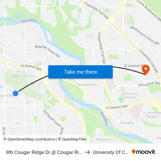 Wb Cougar Ridge Dr @ Cougar Ridge Cr SW to University Of Calgary map