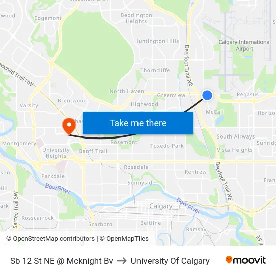 Sb 12 St NE @ Mcknight Bv to University Of Calgary map