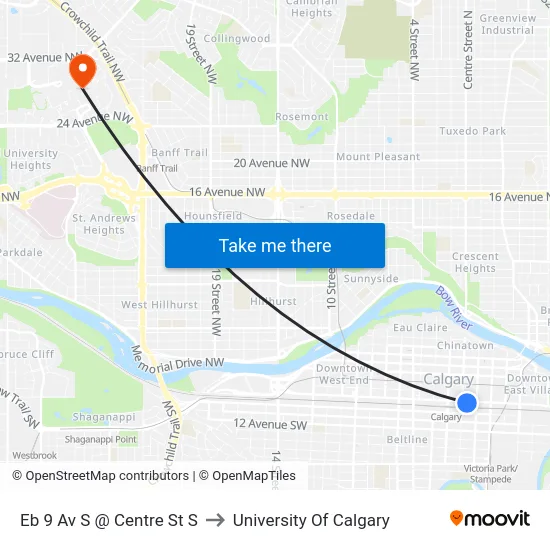 Eb 9 Av S @ Centre St S to University Of Calgary map