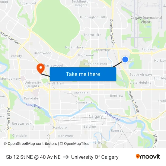 Sb 12 St NE @ 40 Av NE to University Of Calgary map