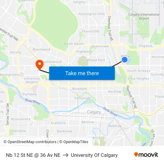 Nb 12 St NE @ 36 Av NE to University Of Calgary map