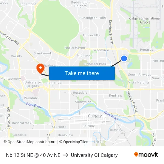 Nb 12 St NE @ 40 Av NE to University Of Calgary map