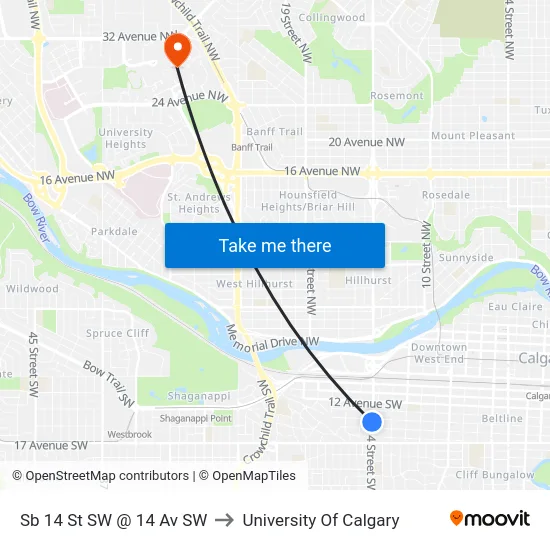 Sb 14 St SW @ 14 Av SW to University Of Calgary map