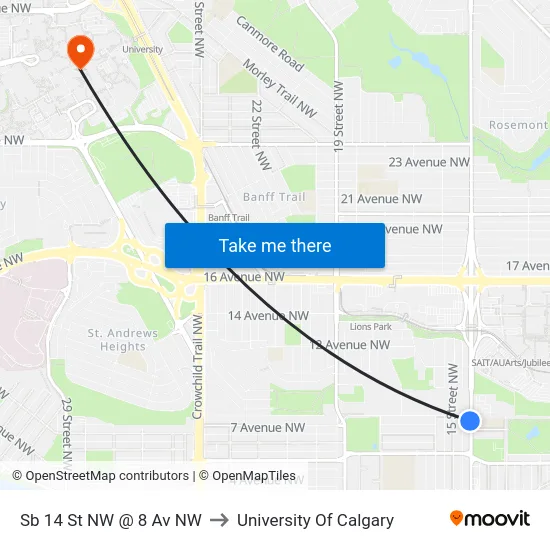 Sb 14 St NW @ 8 Av NW to University Of Calgary map