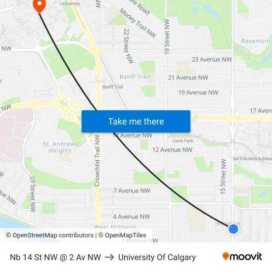 Nb 14 St NW @ 2 Av NW to University Of Calgary map