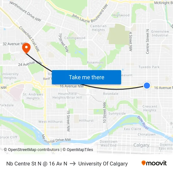 Nb Centre St N @ 16 Av N to University Of Calgary map