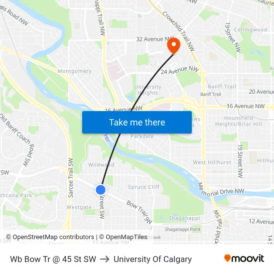 Wb Bow Tr @ 45 St SW to University Of Calgary map