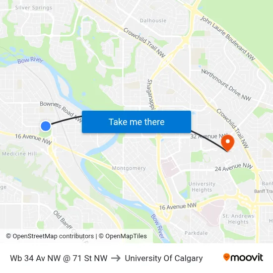Wb 34 Av NW @ 71 St NW to University Of Calgary map